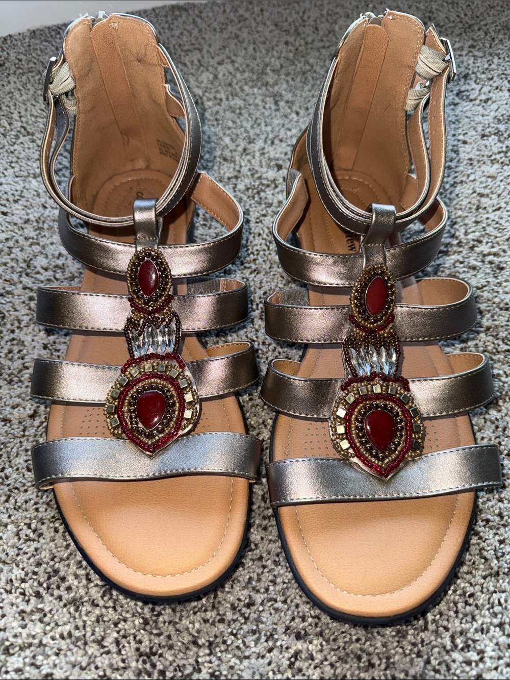 comfortview Metallic Silver Strappy Sandals with Red Jewel Accents
